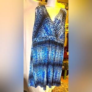 Spense Women Size 2X Plus Braided Empire Waist Blue & Black Print Knit Dress